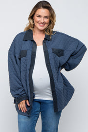 Navy Blue Colorblock Quilted Maternity Plus Shirt Jacket