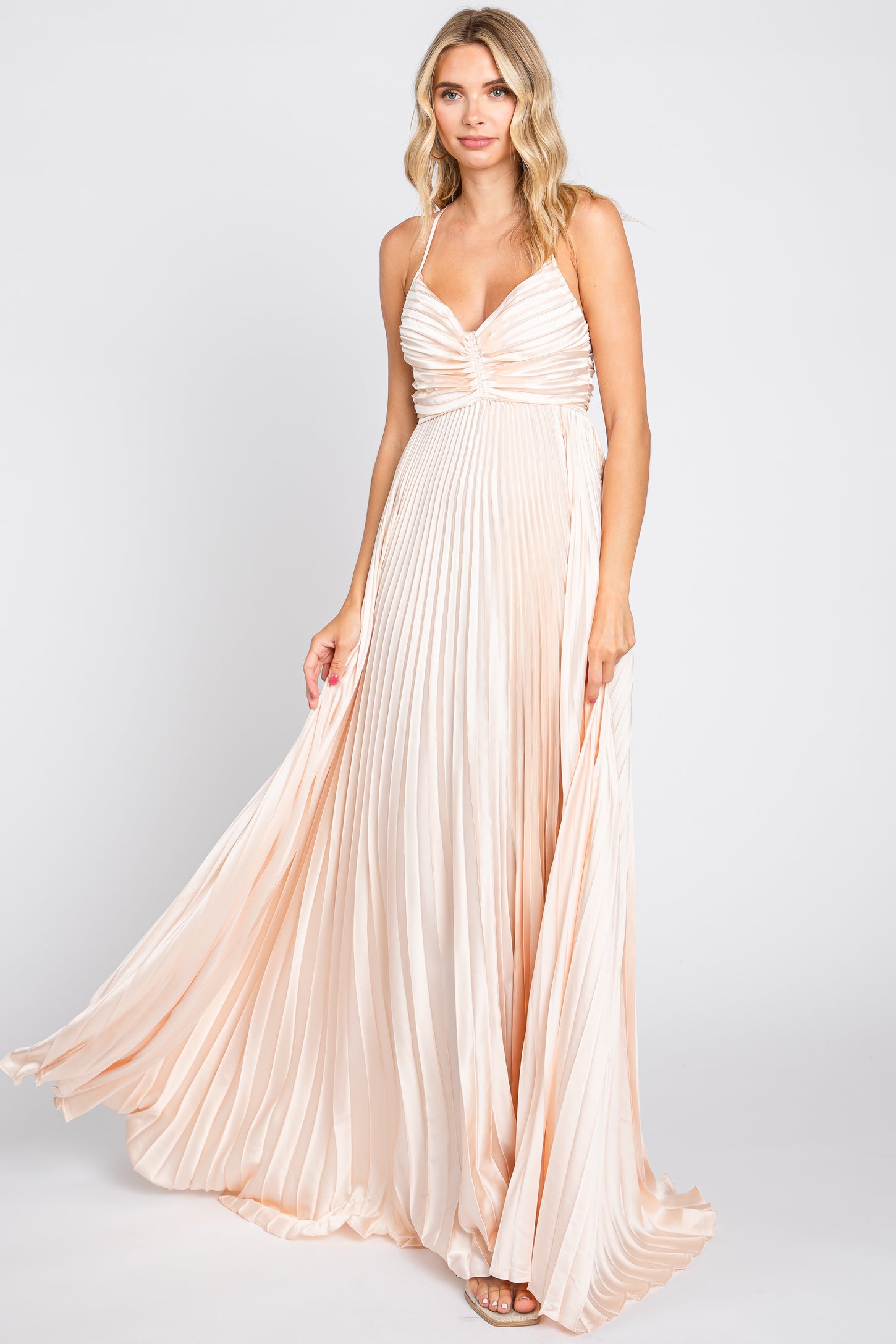 Beige Satin Pleated Cutout Gown