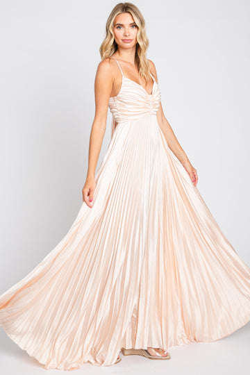 Beige Satin Pleated Cutout Gown