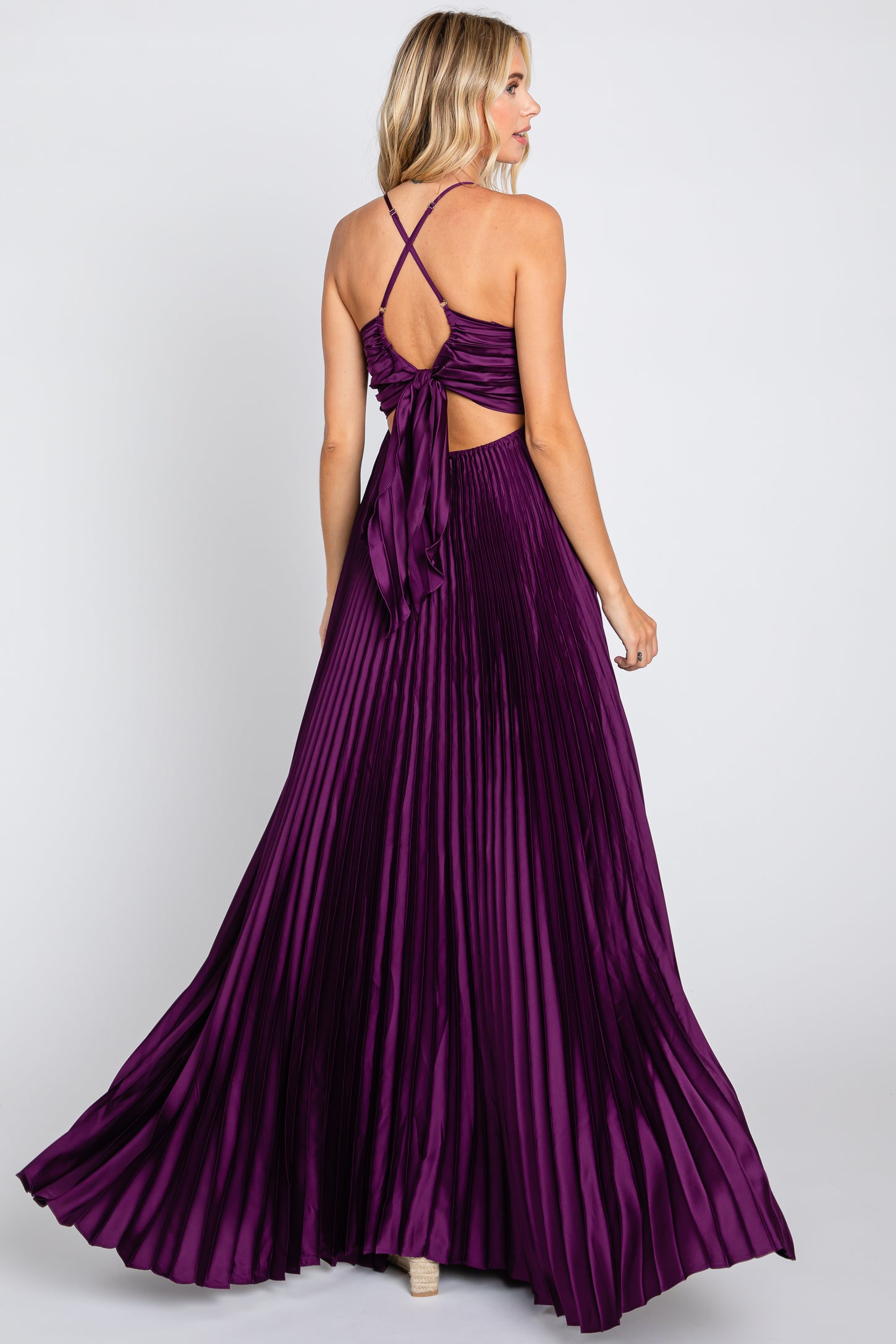 satin pleated cutout dress Nesta Satin Pleated Cut-Out Gown