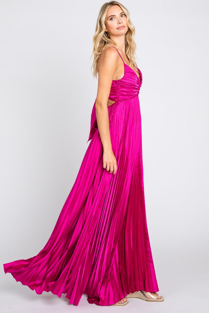 Magenta Satin Pleated Cutout Gown