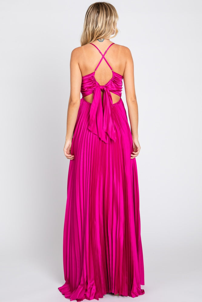 Magenta Satin Pleated Cutout Gown