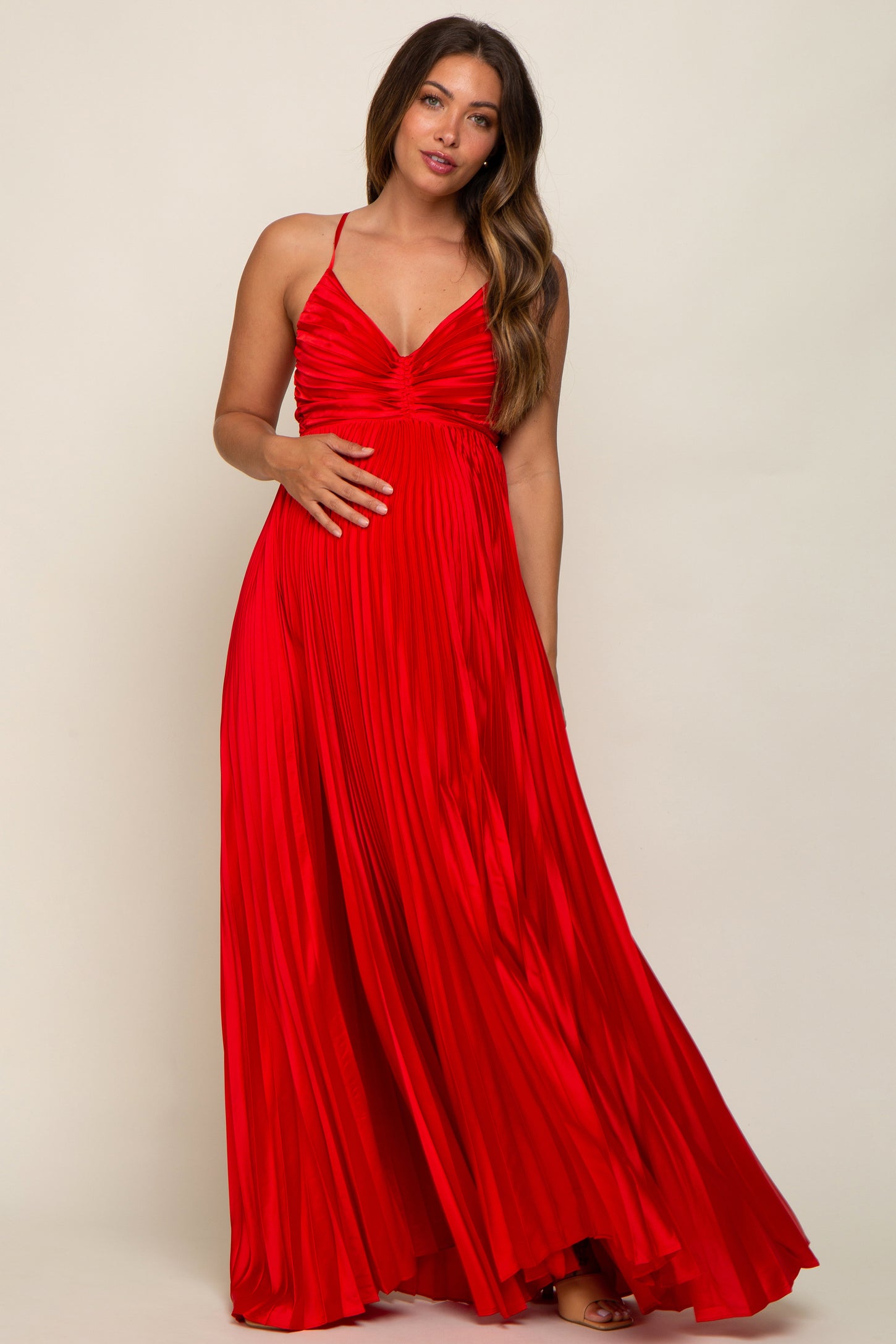 Red Satin Pleated Cutout Maternity Gown PinkBlush Red Satin Pleated Cutout Maternity Gown PinkBlush