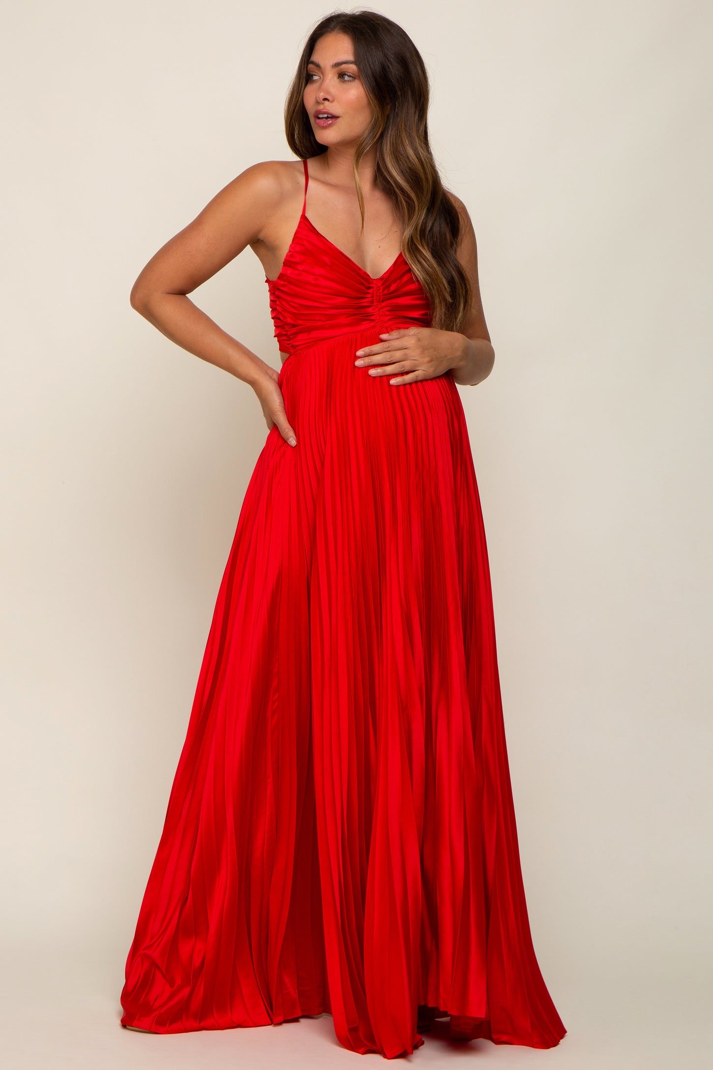 Red Satin Pleated Cutout Maternity Gown Red Satin Pleated Cutout Maternity Gown