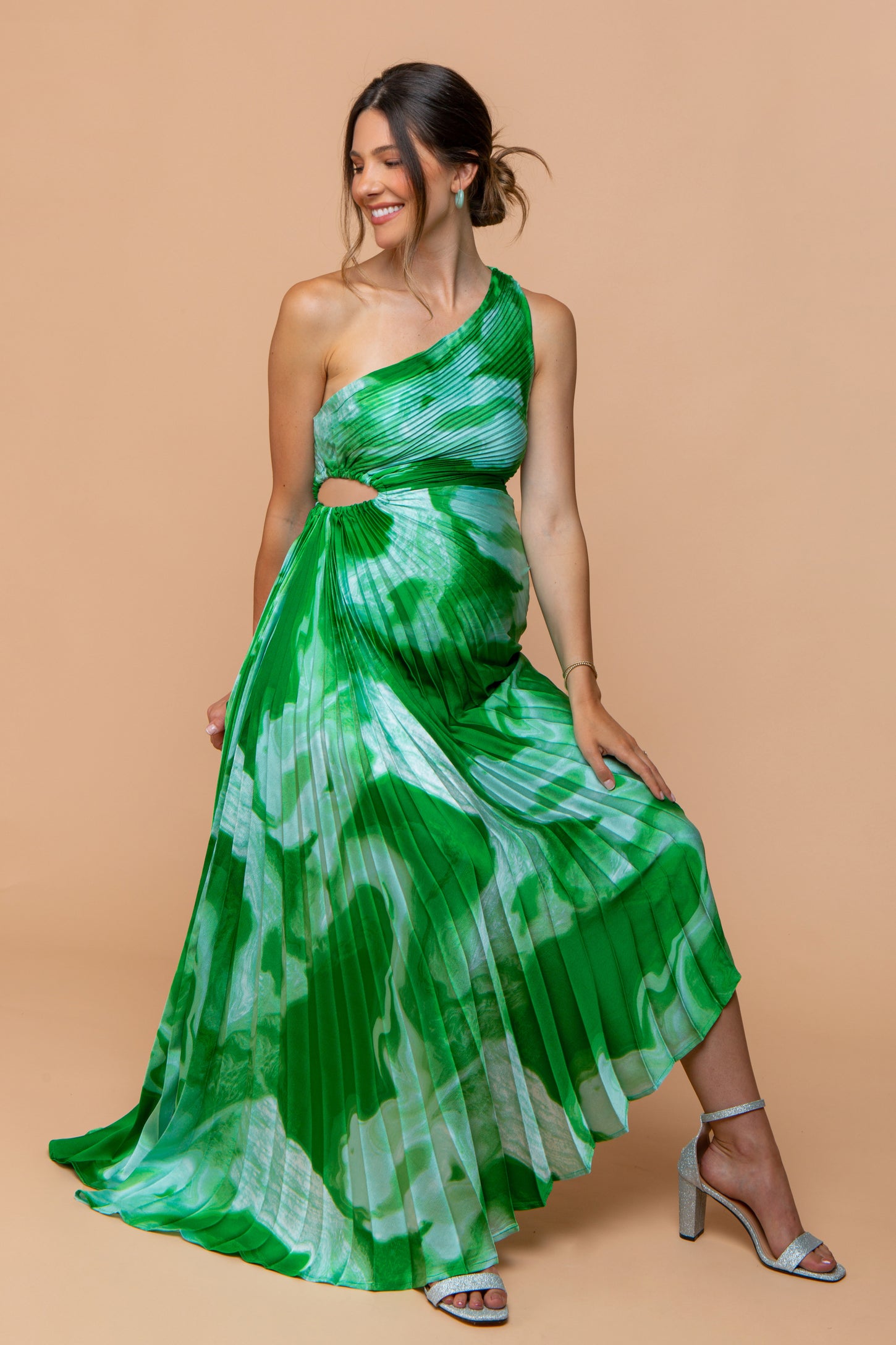 Green Watercolor Satin Pleated One-Shoulder Asymmetrical Maternity Mid–  PinkBlush