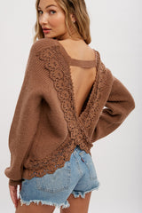 Mocha Back Cutout Lace Accent Sweater