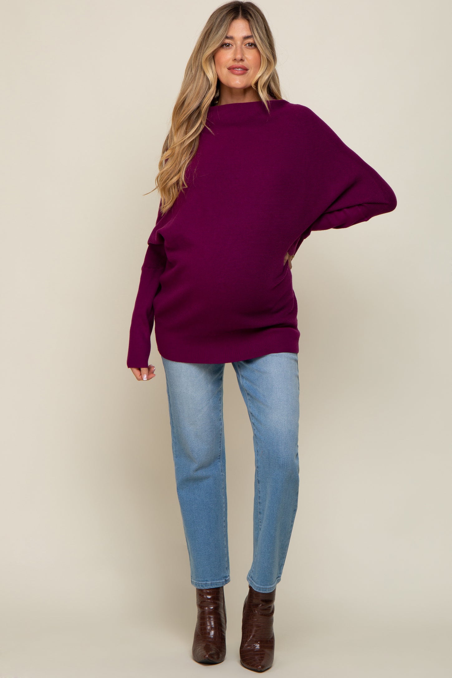 Plum Funnel Neck Dolman Sleeve Maternity Sweater