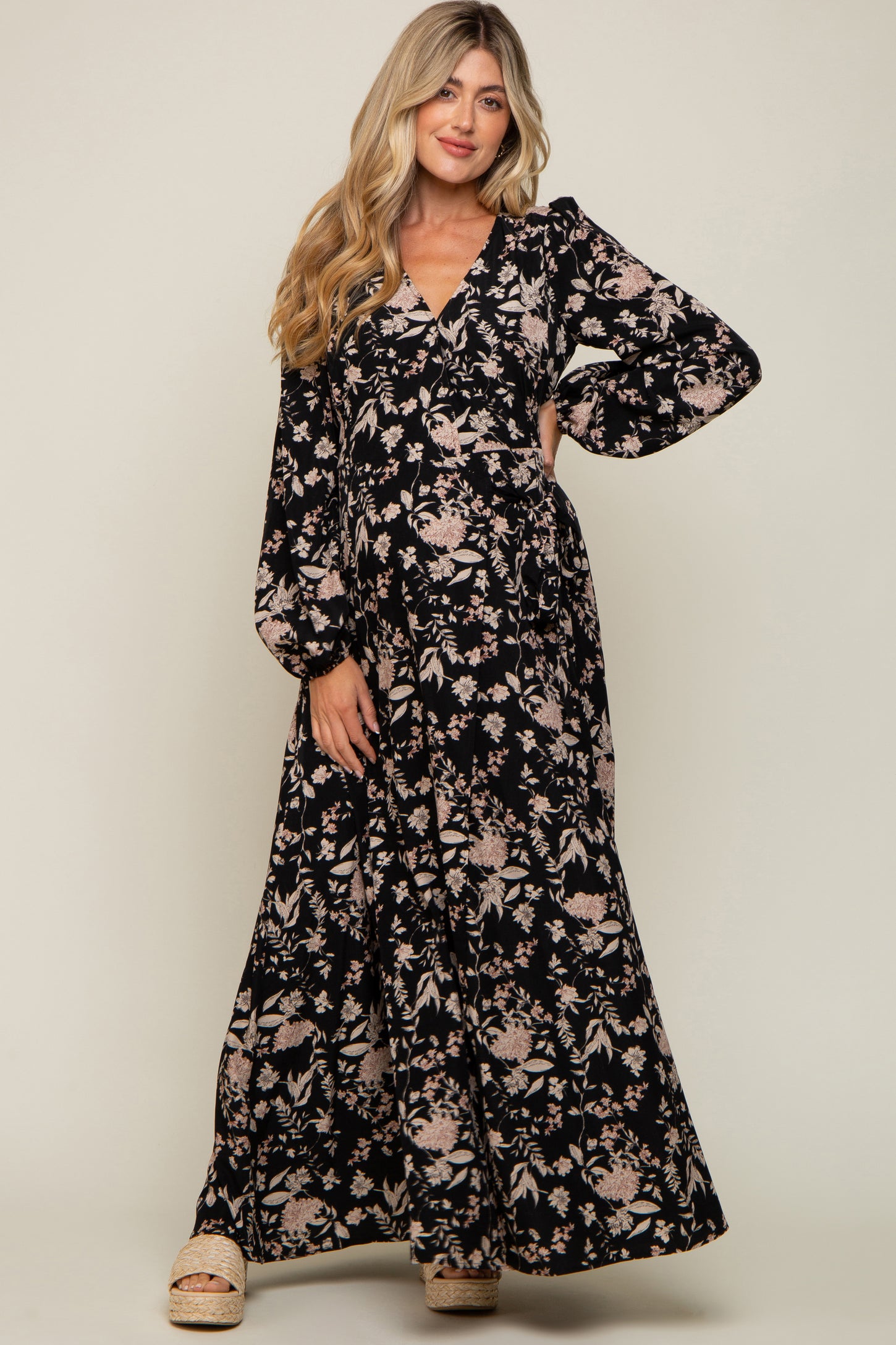 Black Floral Wrap Maternity Maxi Dress– PinkBlush