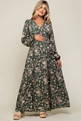 Forest Green Floral Wrap Maternity Maxi Dress