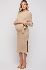 Beige Side Slit Maternity Sweater Midi Dress