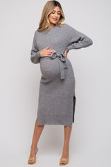 Heather Grey Side Slit Maternity Sweater Midi Dress