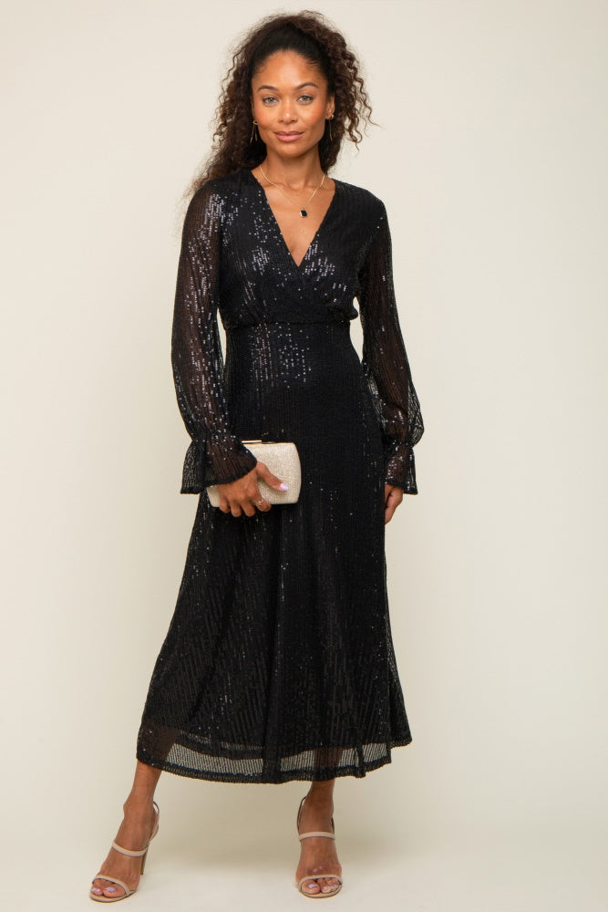 Black Sequin Long Sleeve Wrap Maxi Dress Small