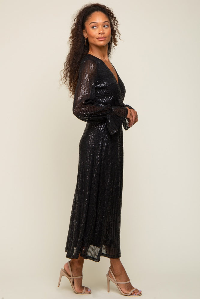 Black Sequin Long Sleeve Wrap Maxi Dress Small Black Sequin Long Sleeve Wrap Maxi Dress Small