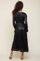 Black Sequin Long Sleeve Wrap Maxi Dress