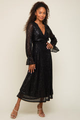 Black Sequin Long Sleeve Wrap Maxi Dress