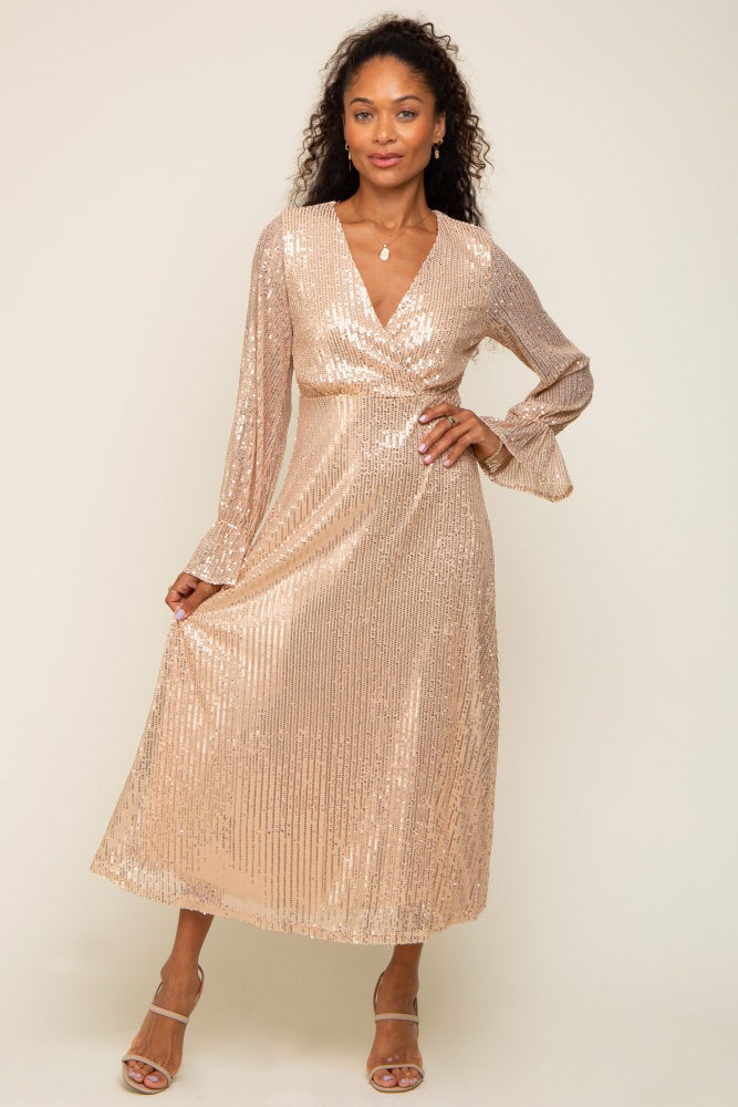 Gold Sequin Long Sleeve Wrap Maxi Dress