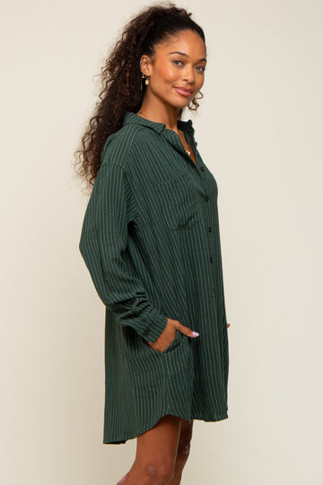 Forest Green Pinstriped Button-Down Linen Dress