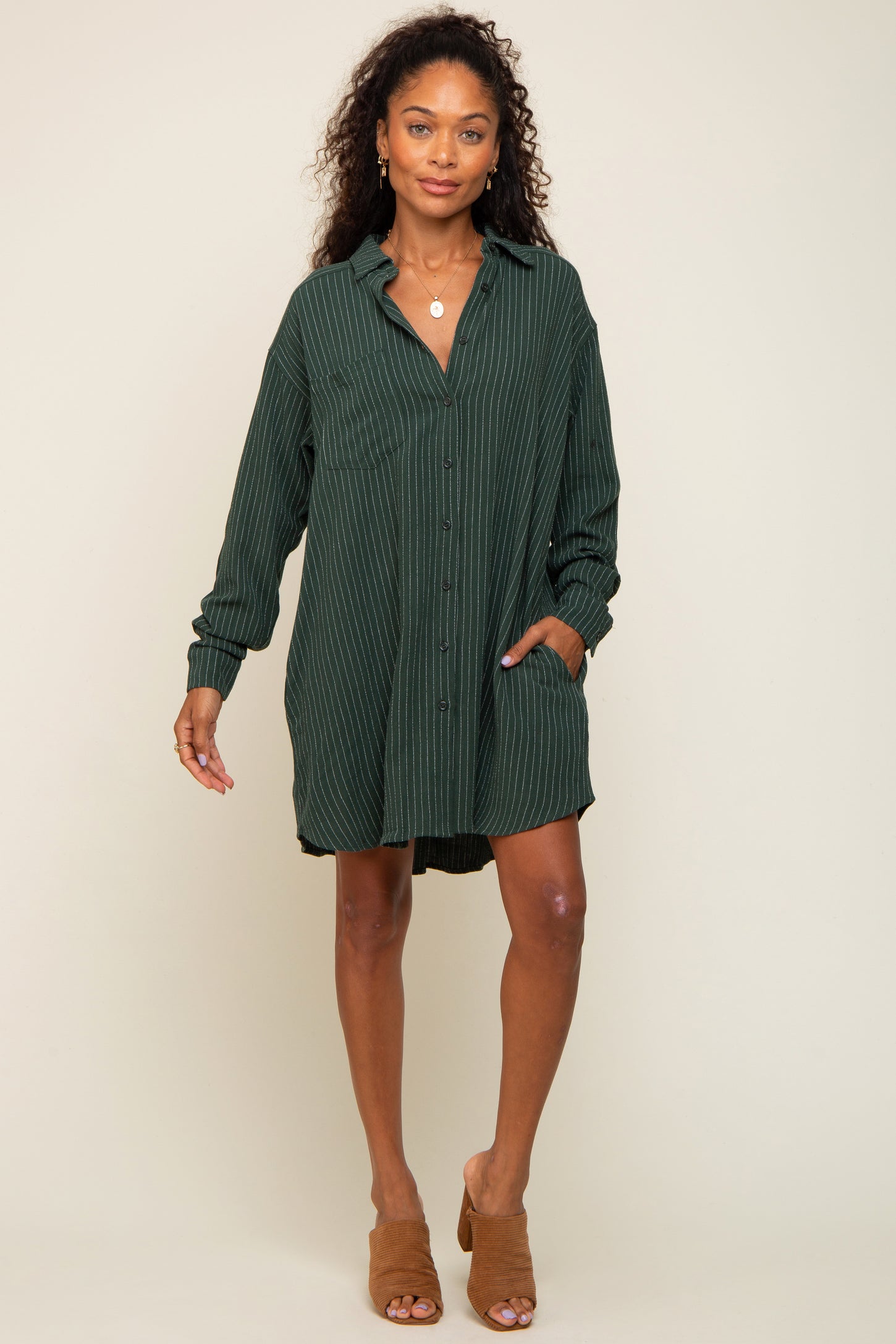 Forest Green Pinstriped Button-Down Linen Dress