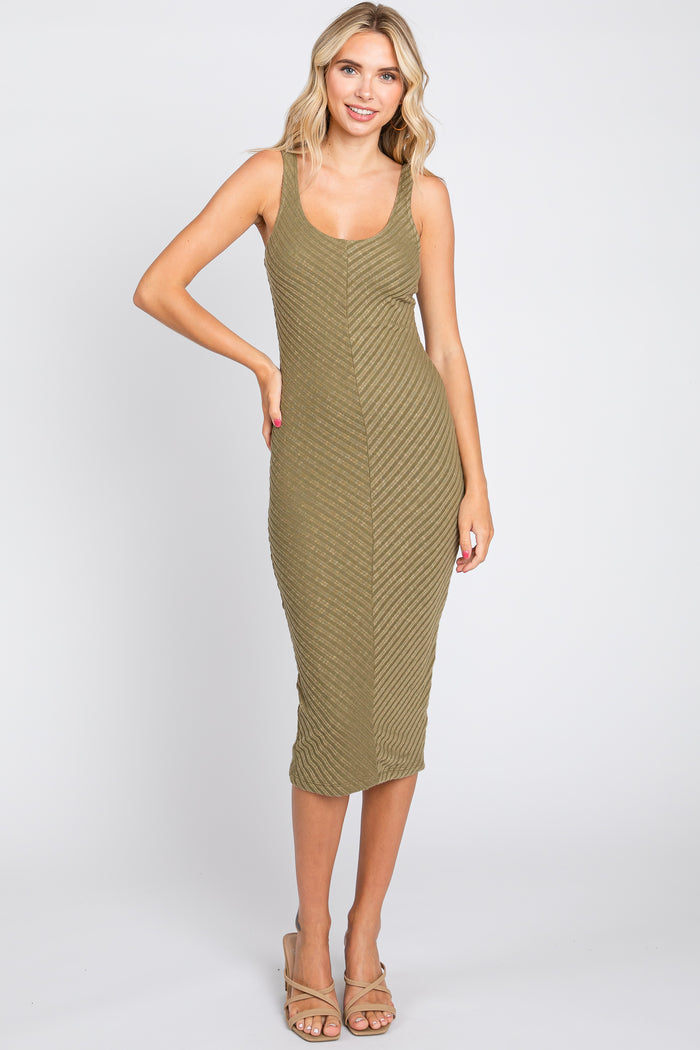 Olive Textured Knit Sleeveless Maternity Midi Dress