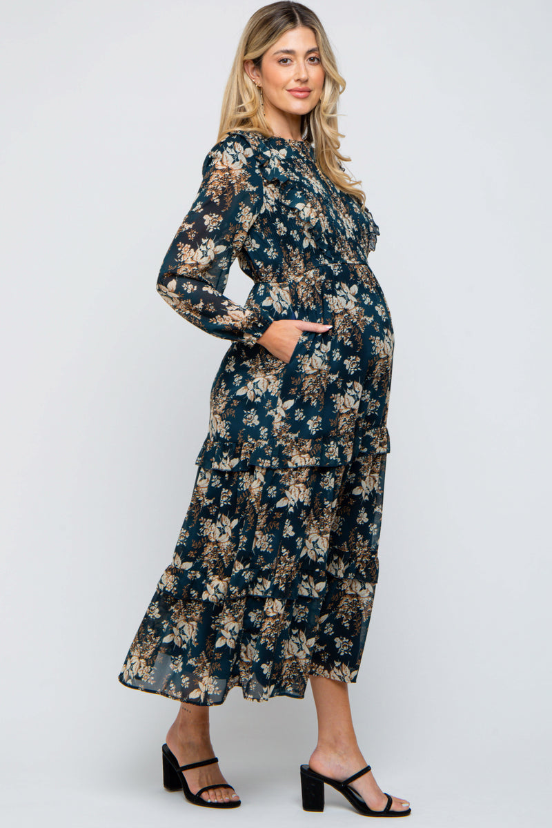 Teal Floral Chiffon Smocked Front Ruffle Tiered Maternity Midi Dress ...