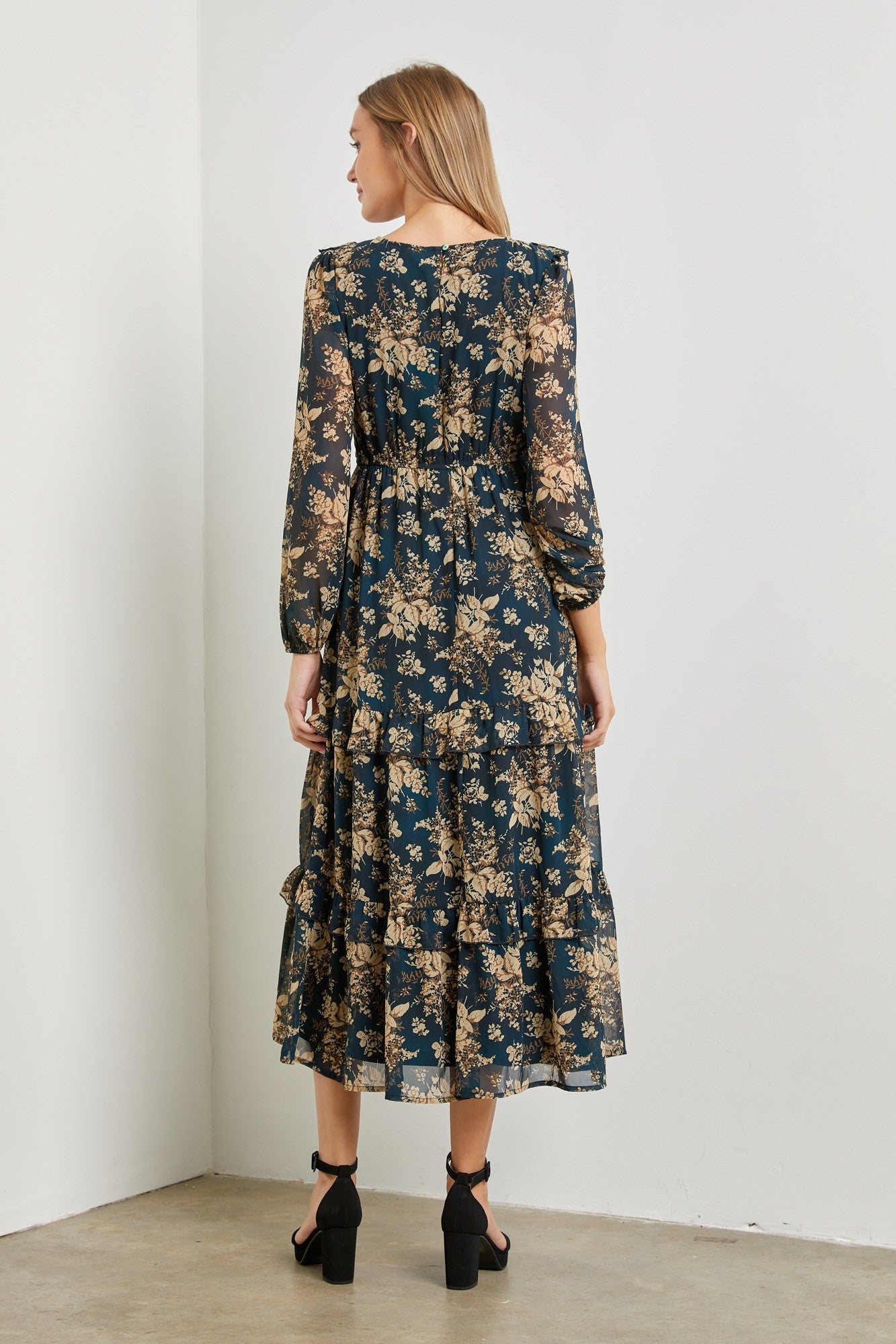 Teal Floral Chiffon Smocked Front Ruffle Tiered Midi Dress PinkBlush Teal Floral Chiffon Smocked Front Ruffle Tiered Midi Dress PinkBlush