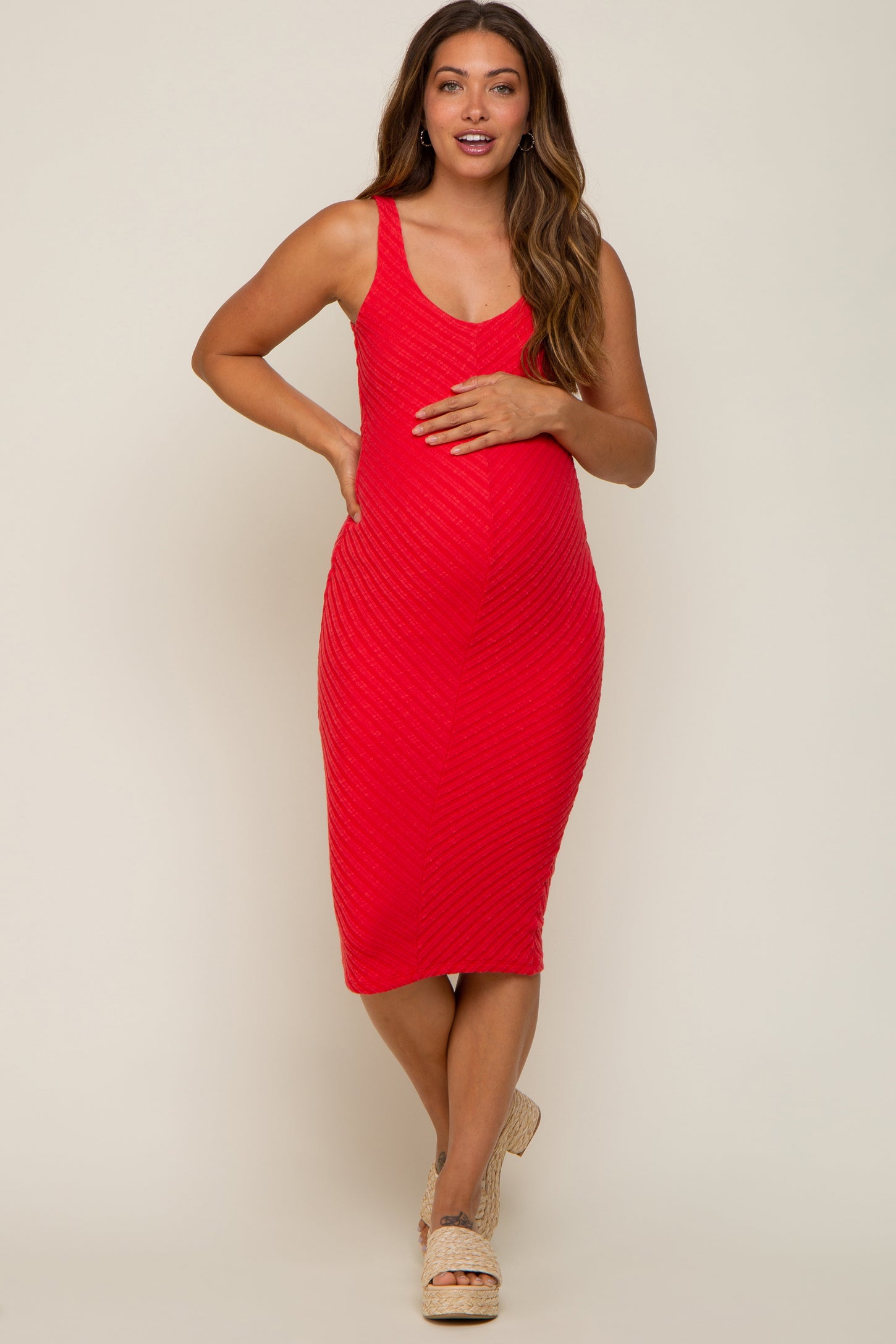 Red Textured Knit Sleeveless Maternity Midi Dress