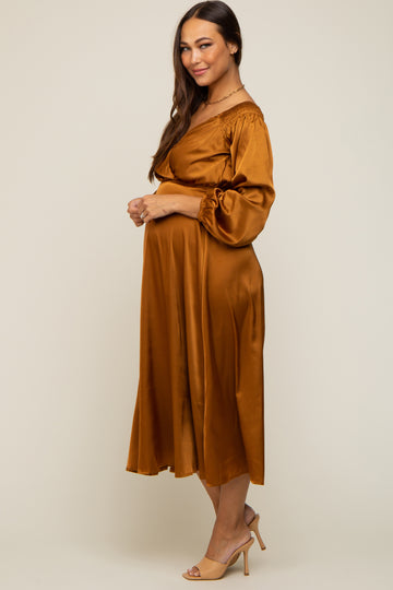 Mocha Satin Wrap Top Maternity Midi Dress