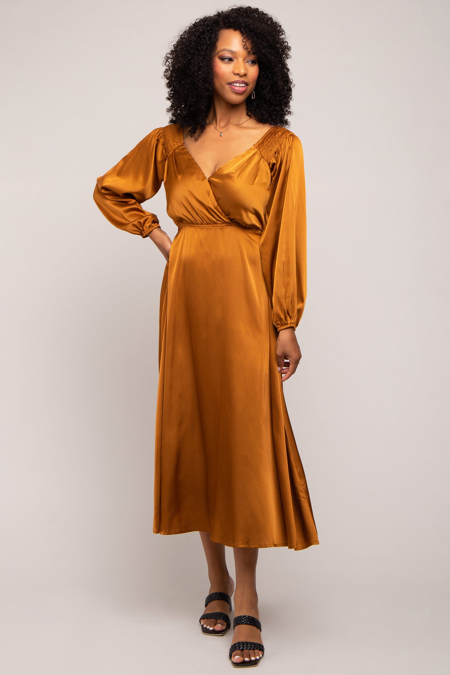 Mocha Satin Wrap Top Midi Dress PinkBlush Mocha Satin Wrap Top Midi Dress PinkBlush