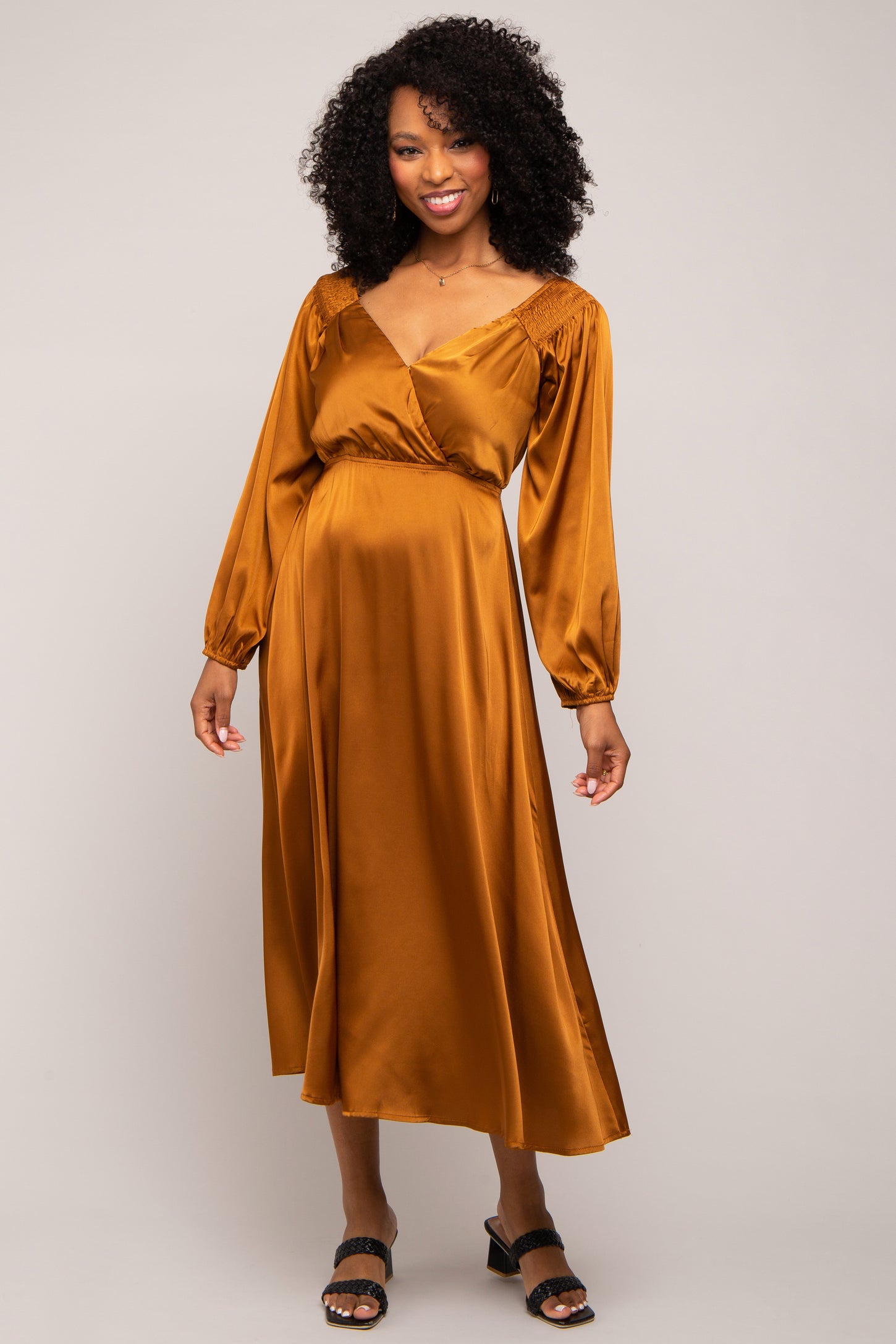 satin long sleeve wrap midi dress Long Sleeve Faux Wrap Midi Shirt Dress by Badgley Mischka