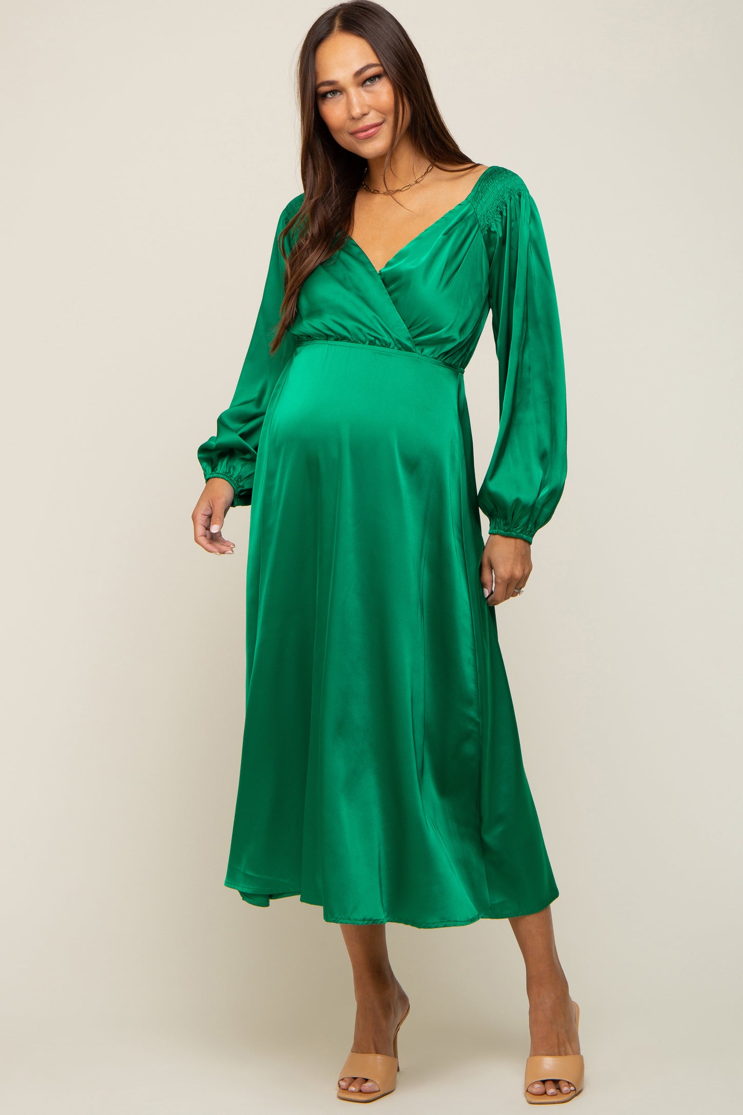 Green Satin Wrap Top Maternity Midi Dress PinkBlush Green Satin Wrap Top Maternity Midi Dress PinkBlush