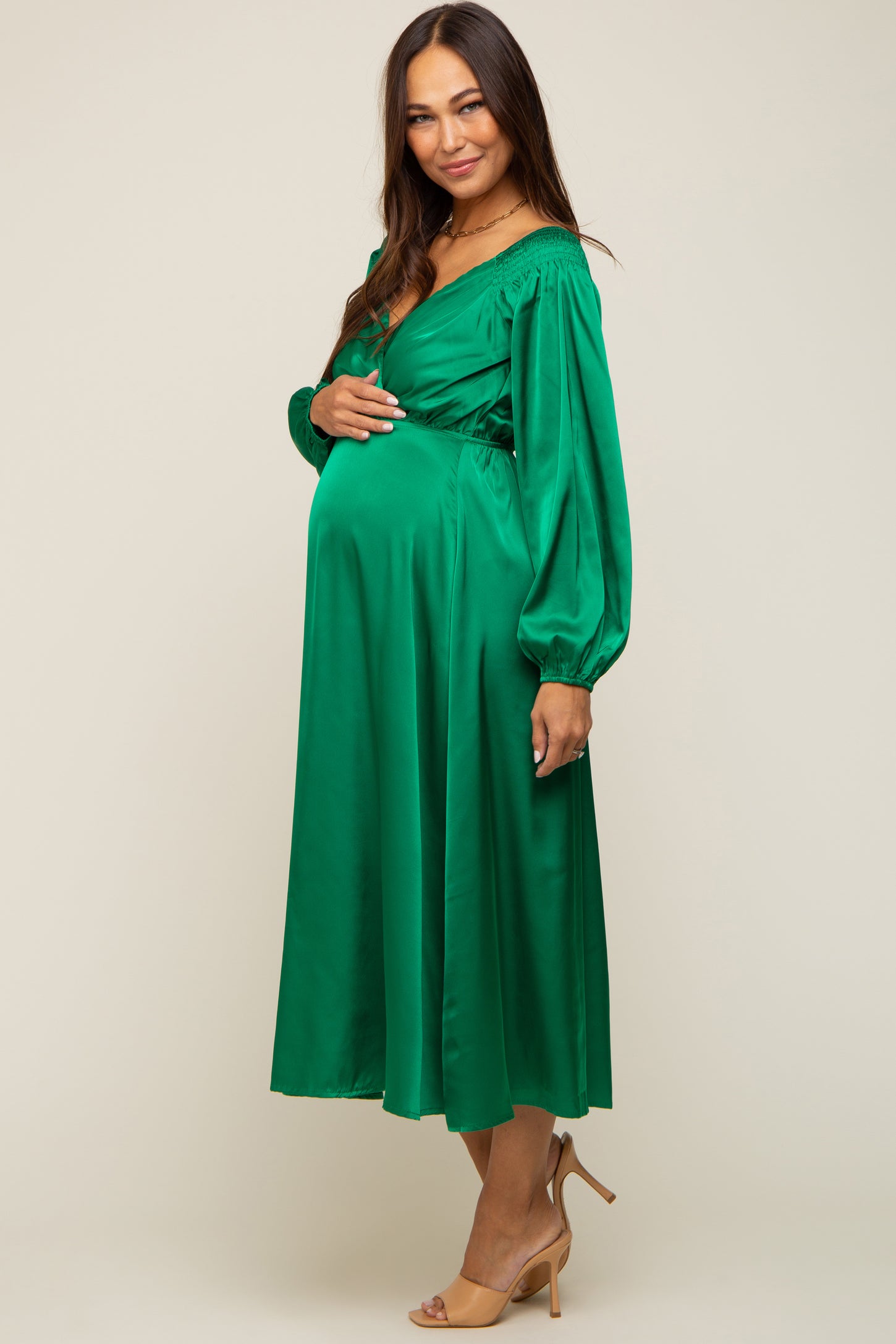 Green Satin Wrap Top Maternity Midi Dress PinkBlush Green Satin Wrap Top Maternity Midi Dress PinkBlush