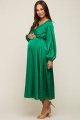 Green Satin Wrap Top Maternity Midi Dress