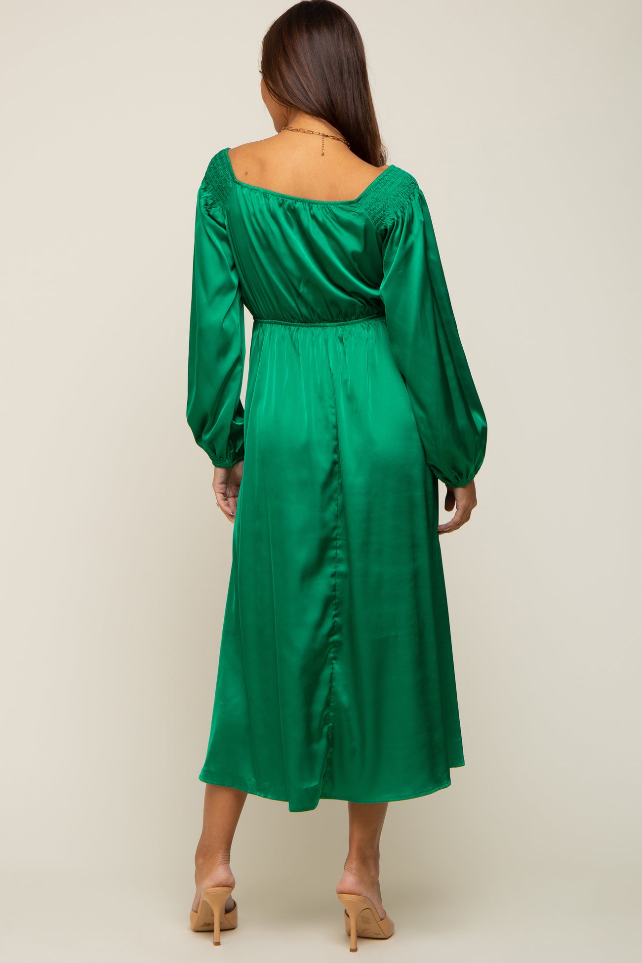 Green Satin Wrap Top Maternity Midi Dress– PinkBlush