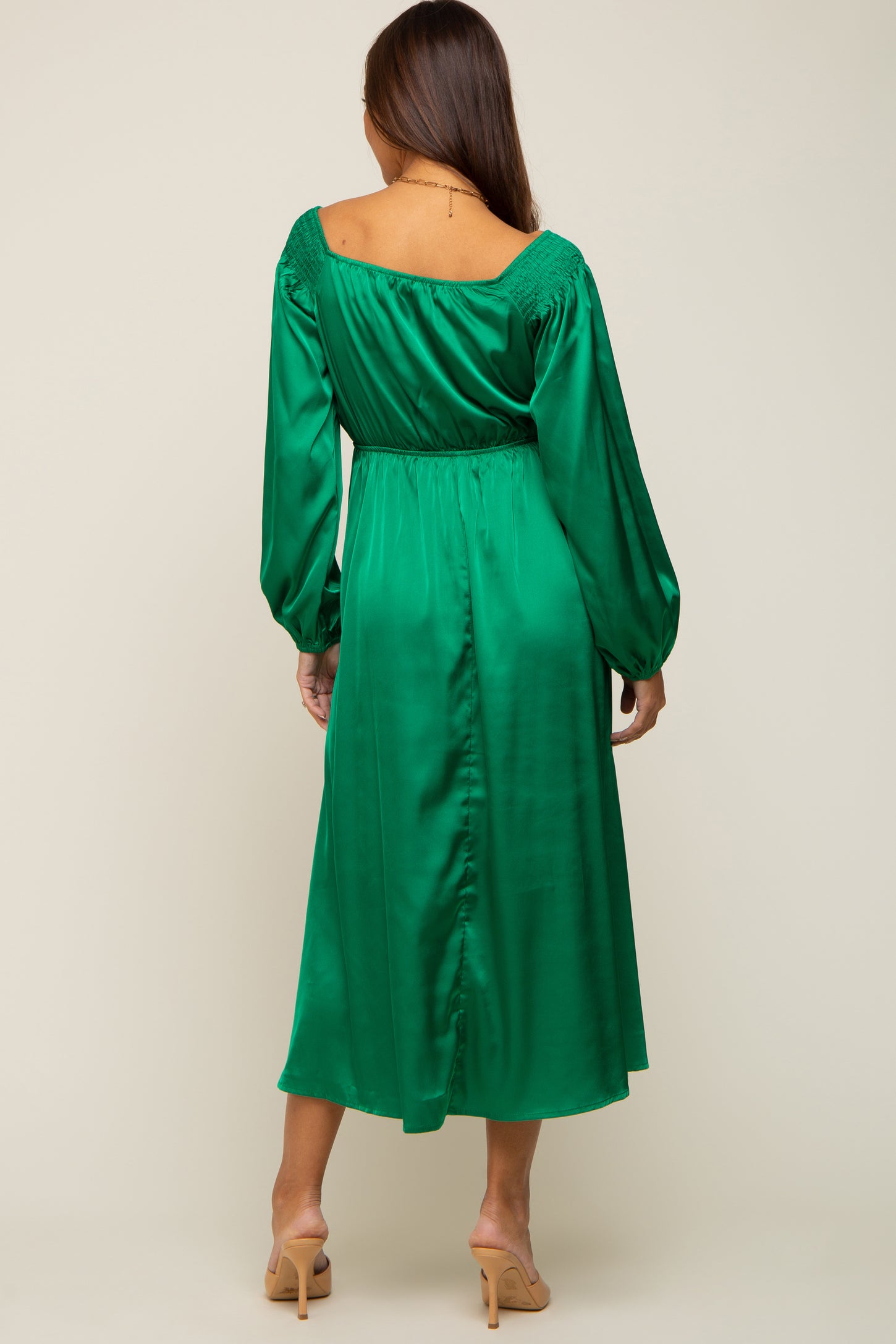 Green Satin Wrap Top Maternity Midi Dress PinkBlush Green Satin Wrap Top Maternity Midi Dress PinkBlush