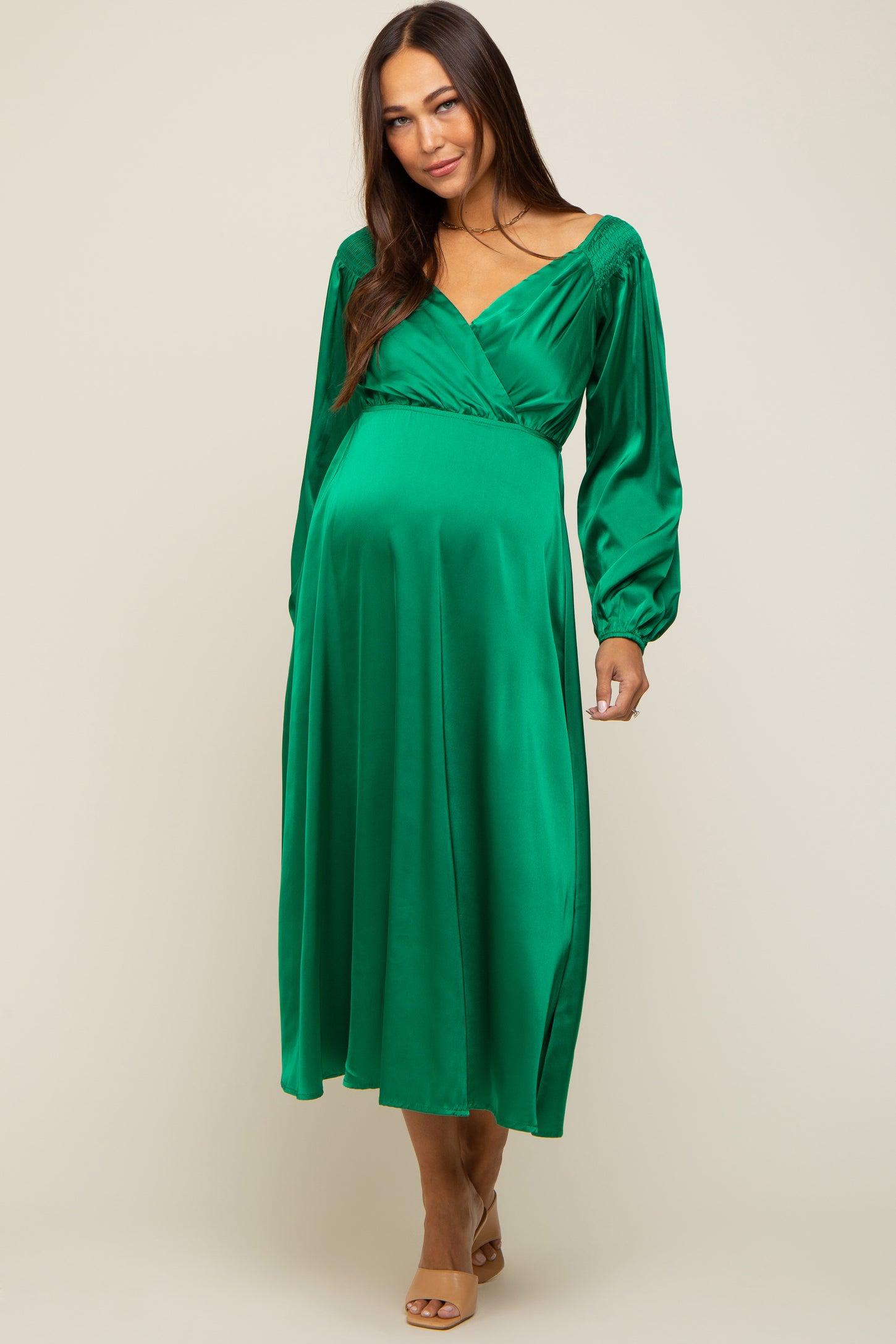 Green Satin Wrap Top Maternity Midi Dress PinkBlush Green Satin Wrap Top Maternity Midi Dress PinkBlush