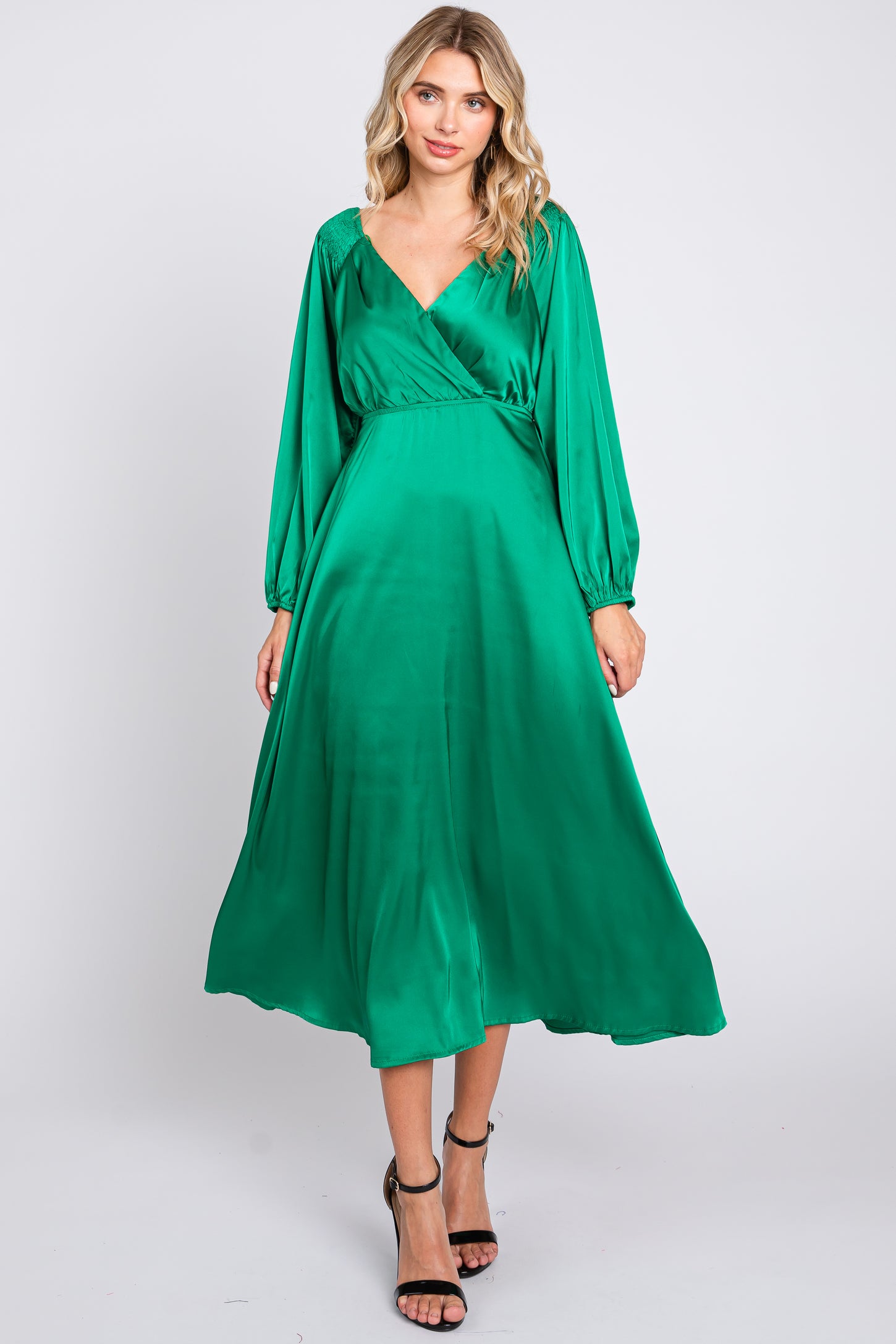 Green Satin Wrap Top Maternity Midi Dress – PinkBlush