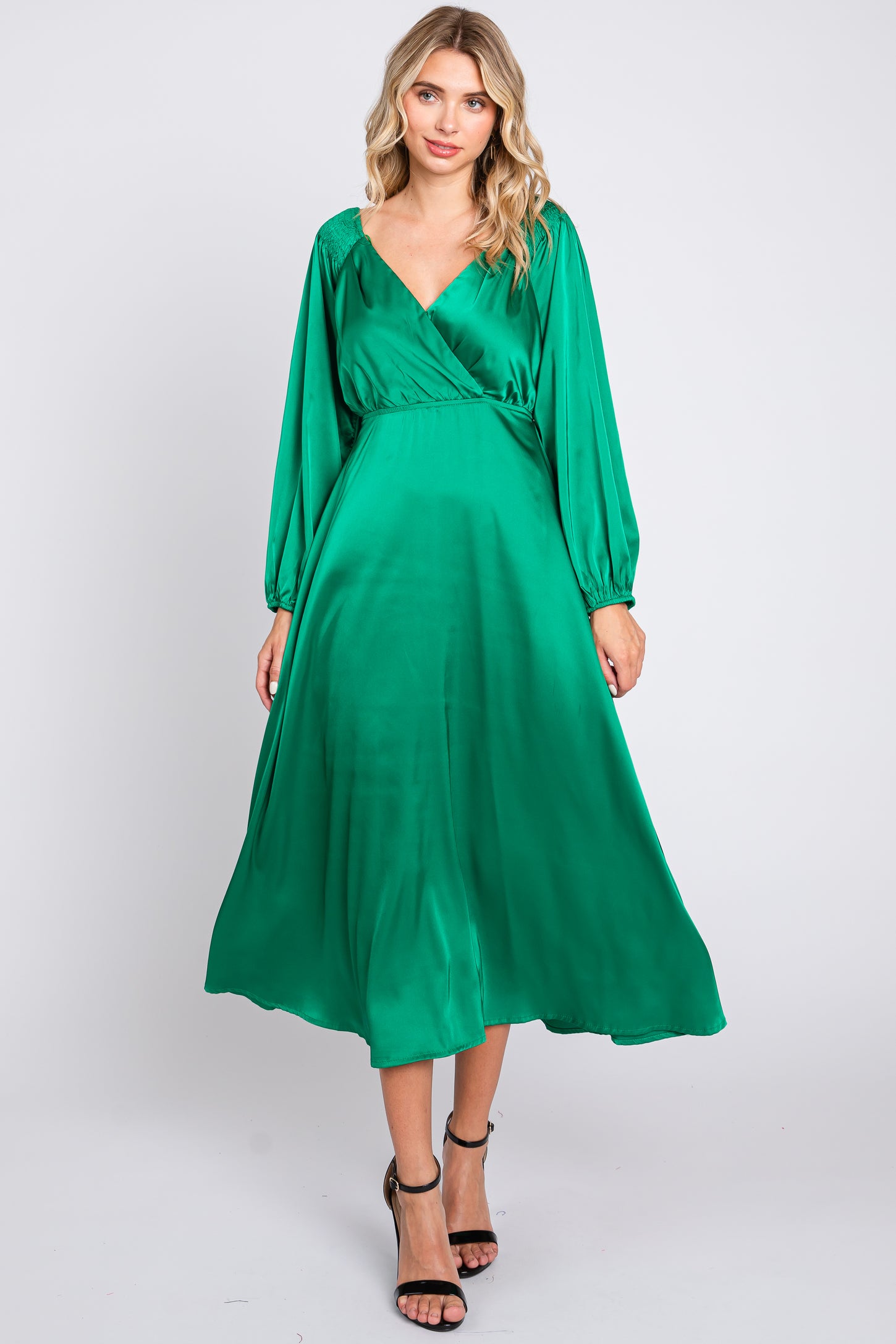 Green Satin Wrap Top Maternity Midi Dress PinkBlush Green Satin Wrap Top Maternity Midi Dress PinkBlush
