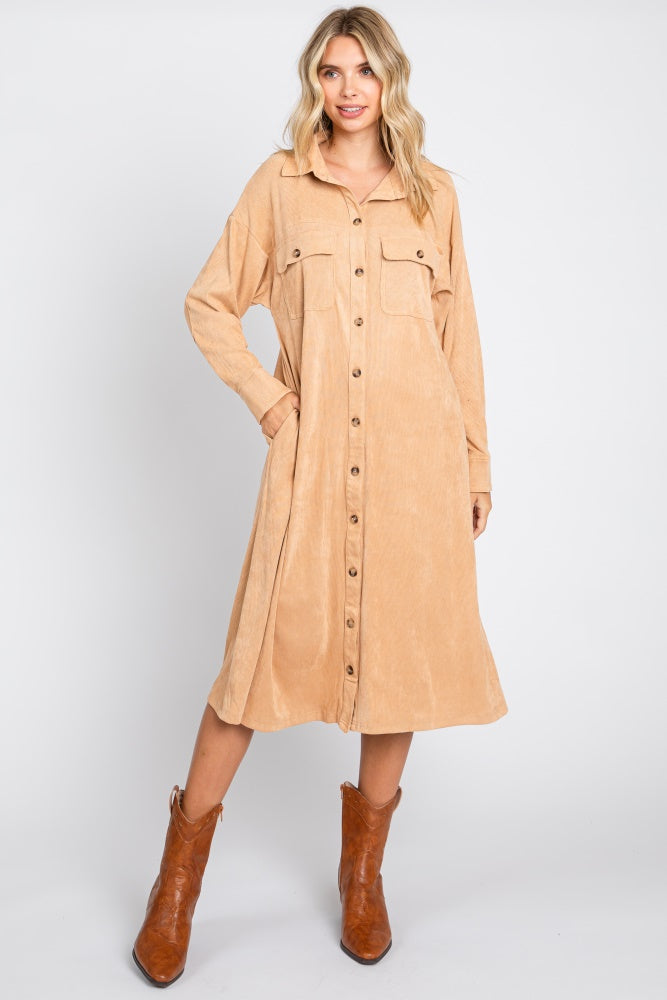 Camel Knit Corduroy Button Down Maternity Midi Dress Medium