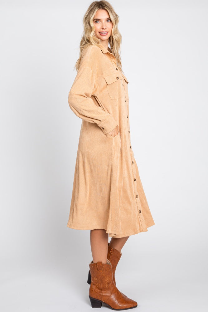 Camel Knit Corduroy Button Down Maternity Midi Dress Medium Camel Knit Corduroy Button Down Maternity Midi Dress Medium