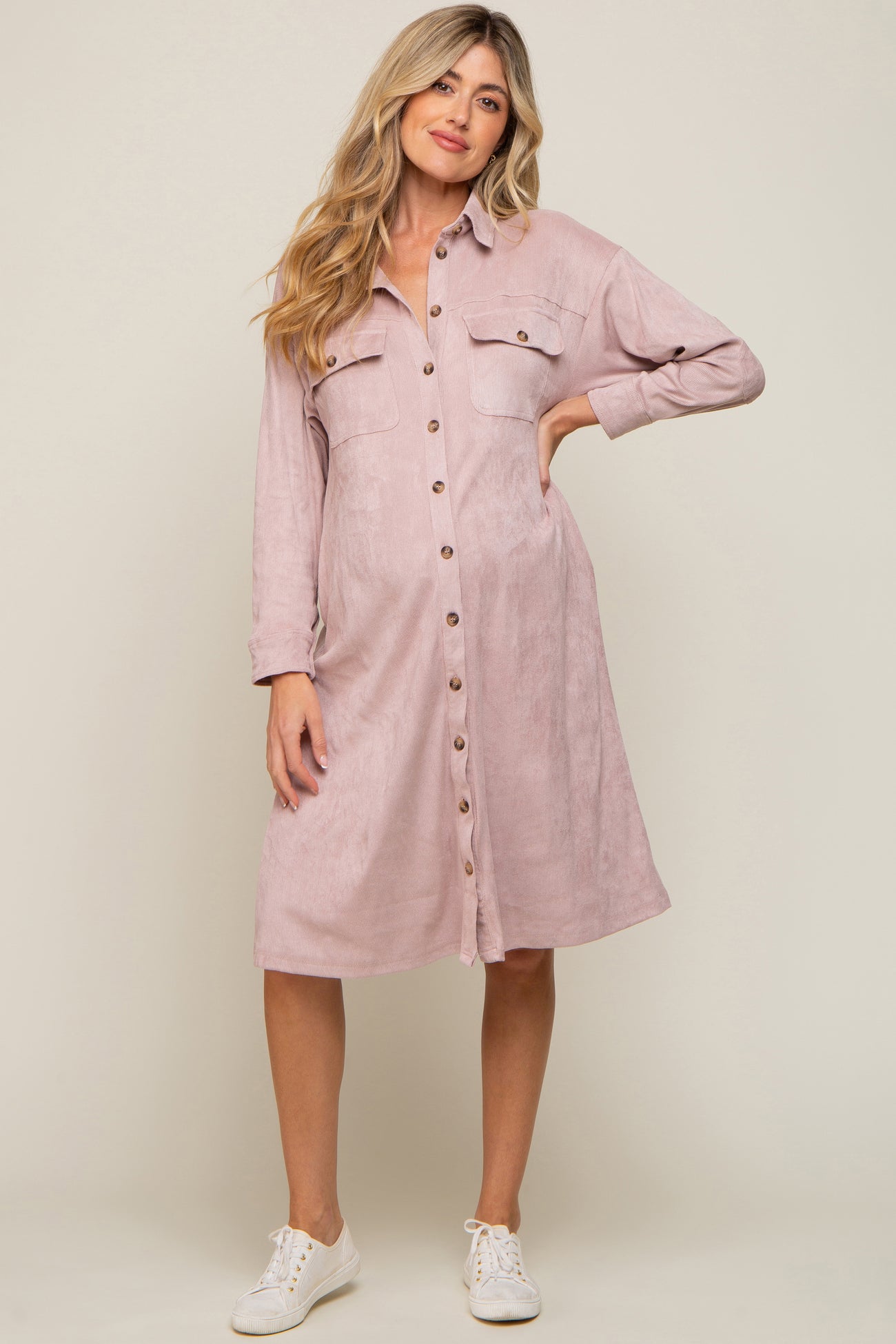 pink corduroy dress womens Safuny Mini Corduroy Dress with Pocket for Women Solid Color Long Sleeve Lapel Neck Dress Button Elegant Leisure Retro Holiday Beach Trendy Clothing