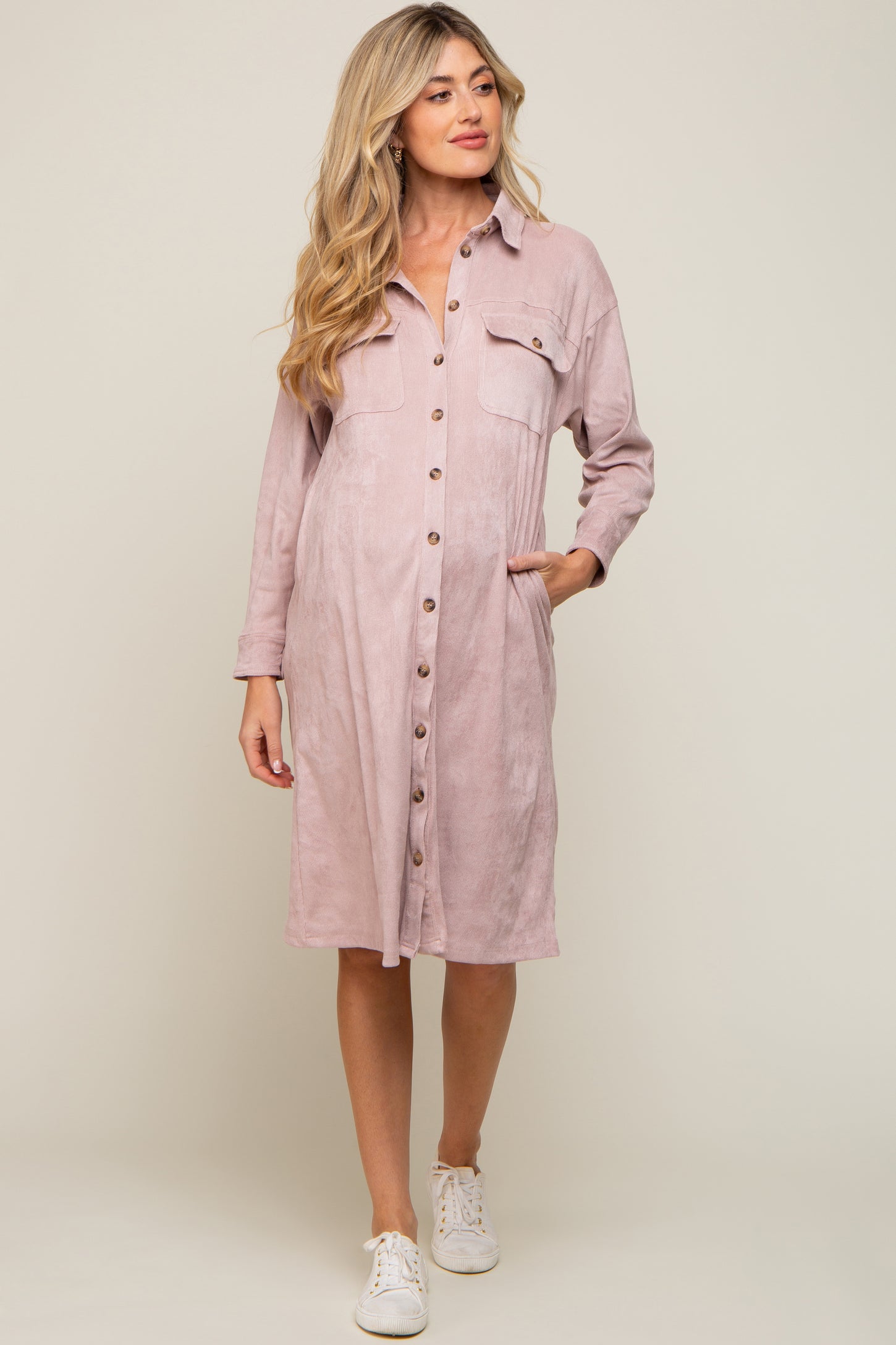 Light Pink Knit Corduroy Button Down Maternity Midi Dress PinkBlush Light Pink Knit Corduroy Button Down Maternity Midi Dress PinkBlush