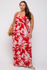 Red Floral Palm Print Wrap Plus Maxi Dress