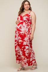 Red Floral Palm Print Wrap Maternity Plus Maxi Dress