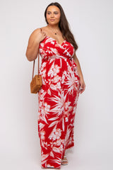 Red Floral Palm Print Wrap Plus Maxi Dress
