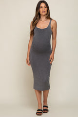 Grey Rib Knit Lace Up Back Maternity Midi Dress