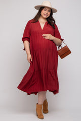 Burgundy Striped Tiered Maternity Plus Midi Dress