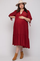 Burgundy Striped Tiered Maternity Plus Midi Dress
