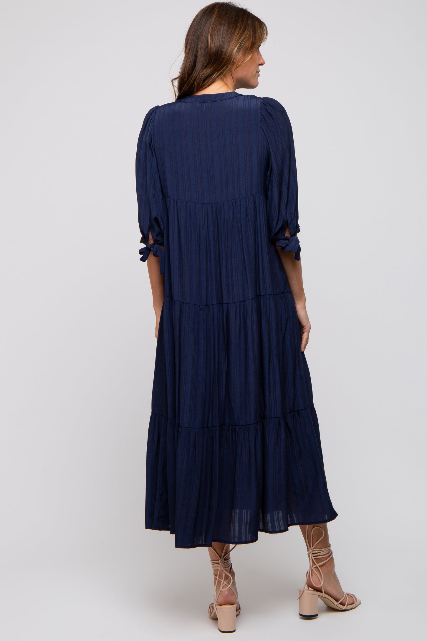 Navy Blue Striped Tiered Midi Dress – PinkBlush