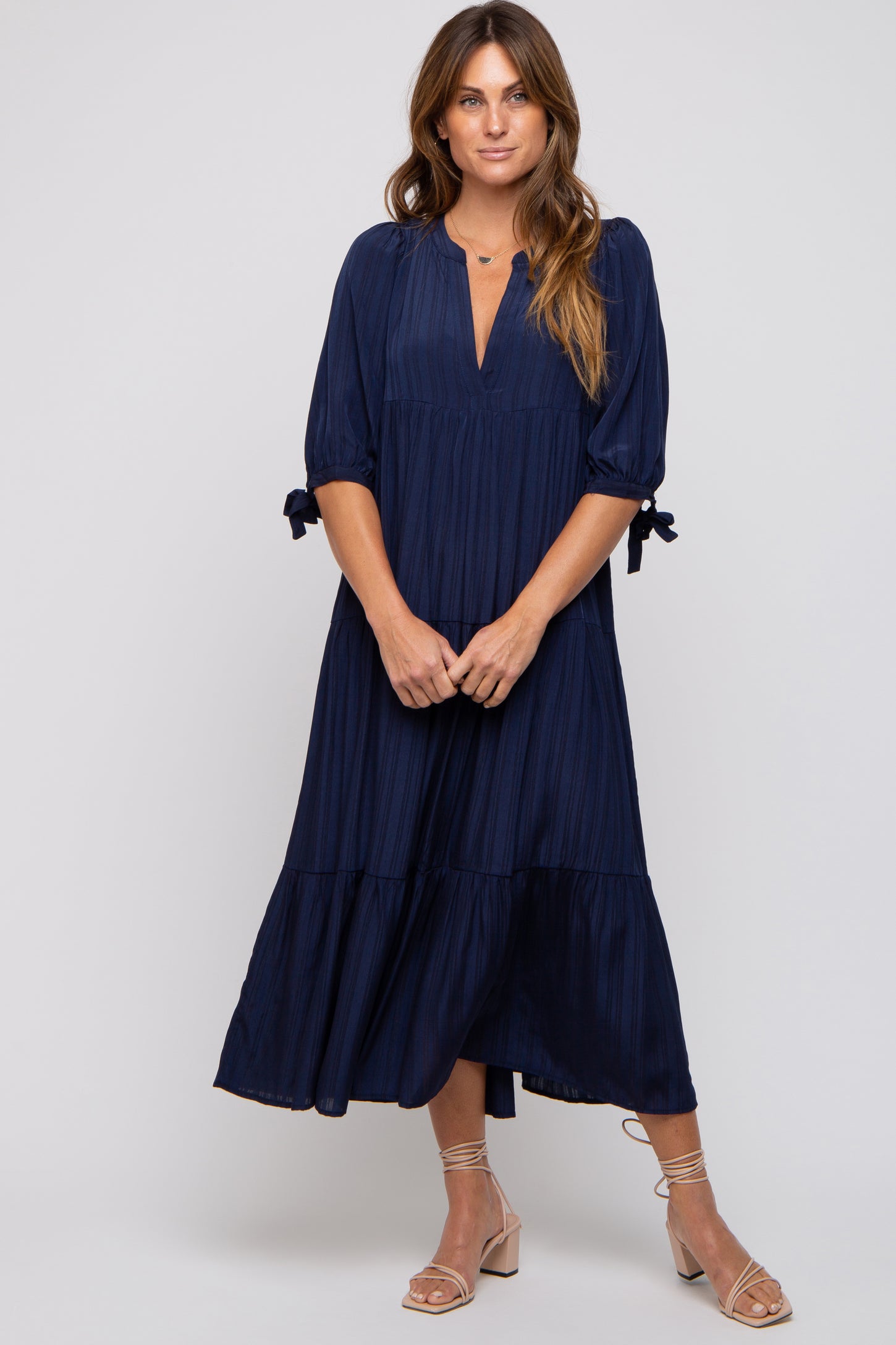Navy Blue Striped Tiered Midi Dress – PinkBlush