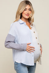 Blue Color Blocked Button Front Gauze Maternity Top